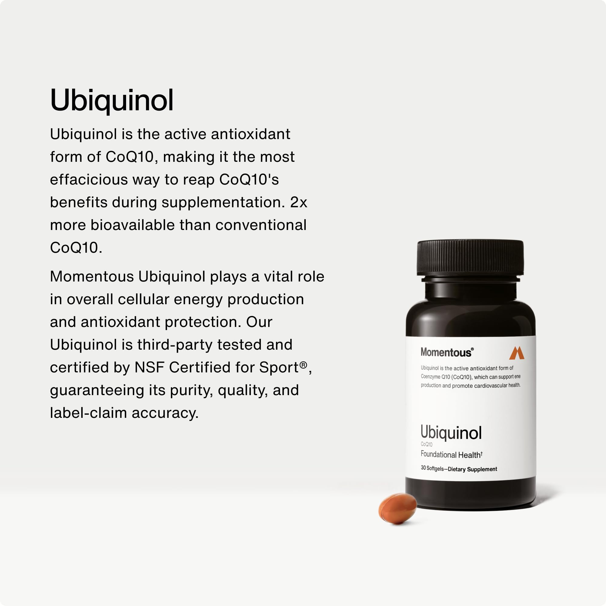 Momentous Ubiquinol softgel closeup highlights texture and bioavailable form for daily vitality.