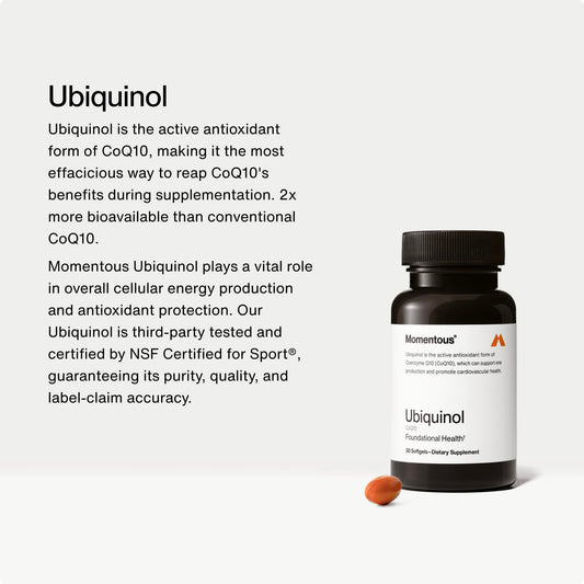 Momentous Ubiquinol softgel closeup highlights texture and bioavailable form for daily vitality.