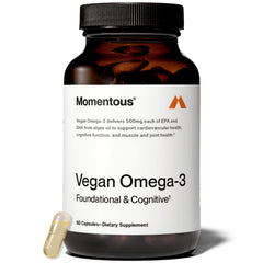 Momentous Vegan Omega-3 bottle in algae oil formula for heart and brain support.