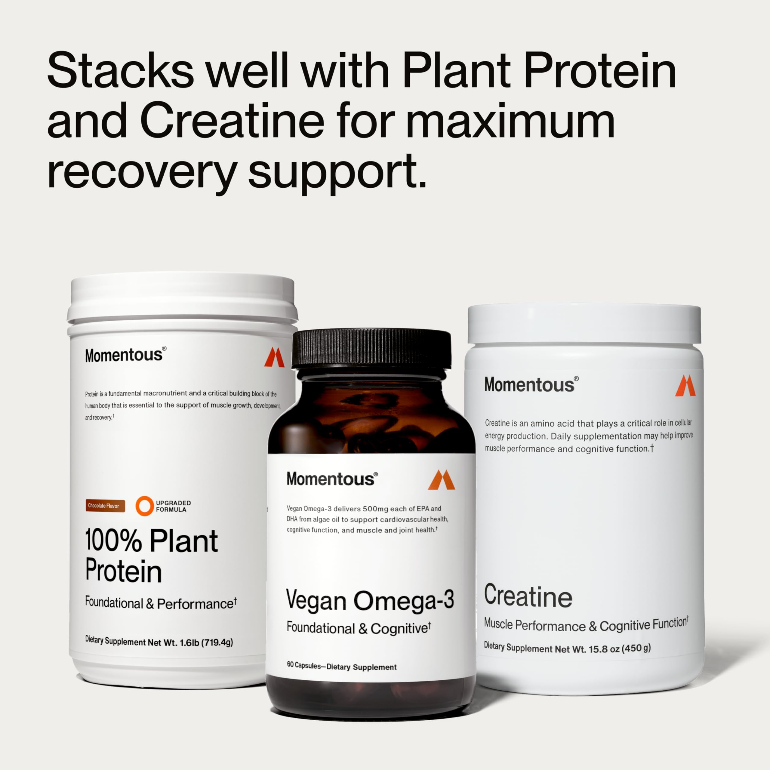 Momentous Vegan Omega-3 bottle label highlighting serving guidance.