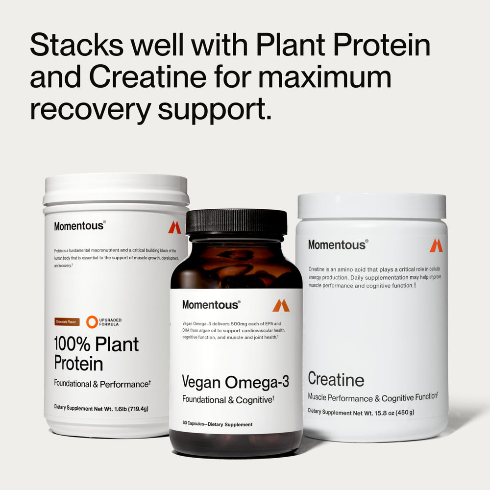 Momentous Vegan Omega-3 bottle label highlighting serving guidance.