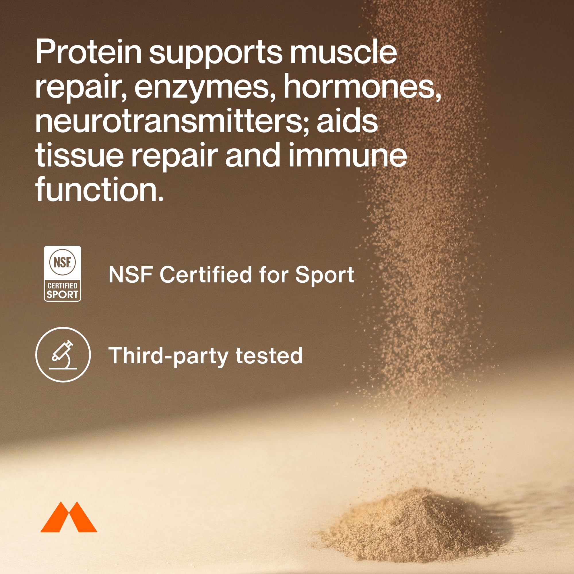Momentous vegan protein powder Cappuccino canister next to almond milk for versatile meals.