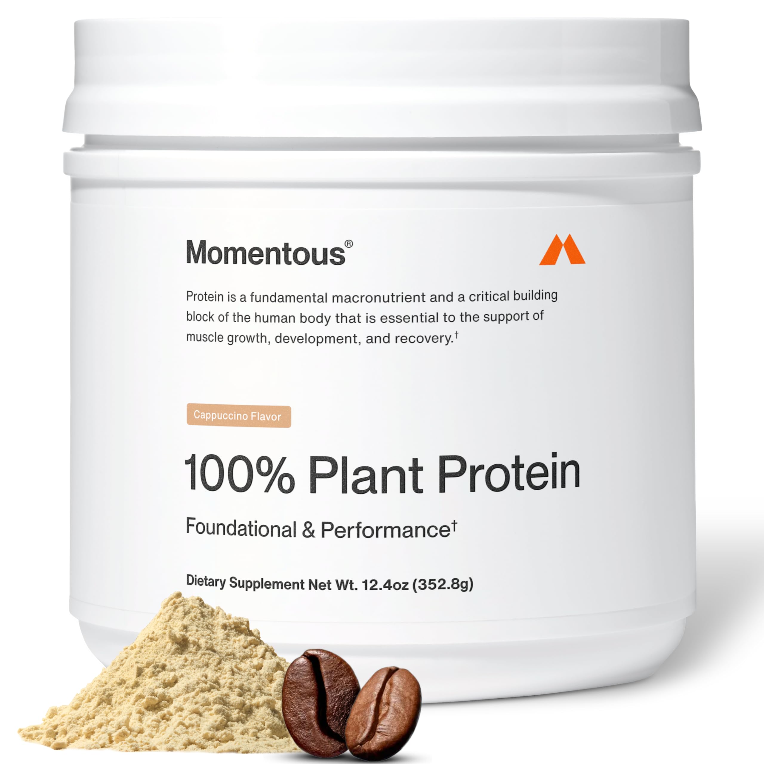Momentous Vegan Protein Powder Cappuccino bottle on kitchen counter for daily plant-based protein.