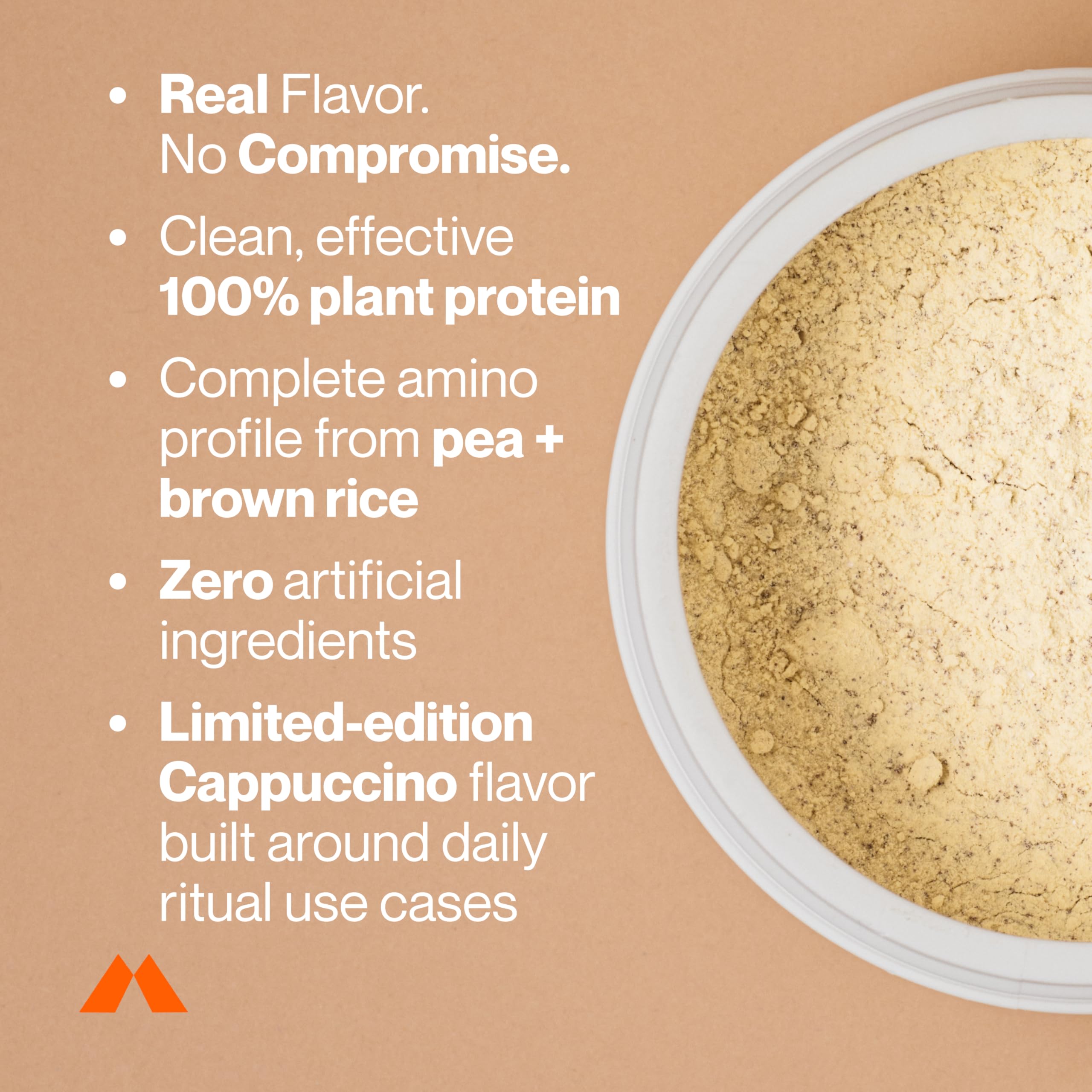 Momentous Vegan Protein Powder Cappuccino container with glass of shake highlighting dairy-free nutrition.