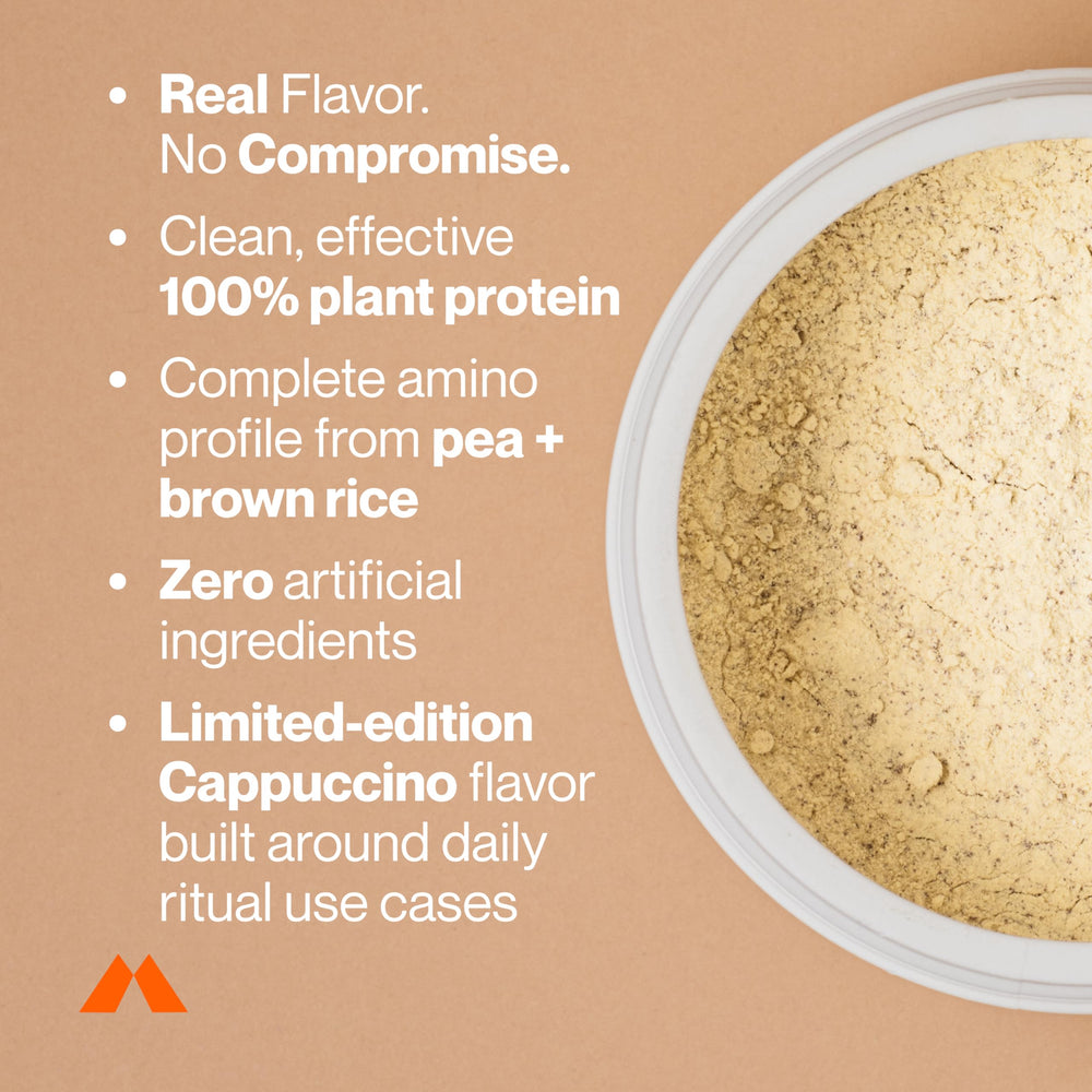 Momentous Vegan Protein Powder Cappuccino container with glass of shake highlighting dairy-free nutrition.
