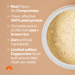 Momentous Vegan Protein Powder Cappuccino container with glass of shake highlighting dairy-free nutrition.