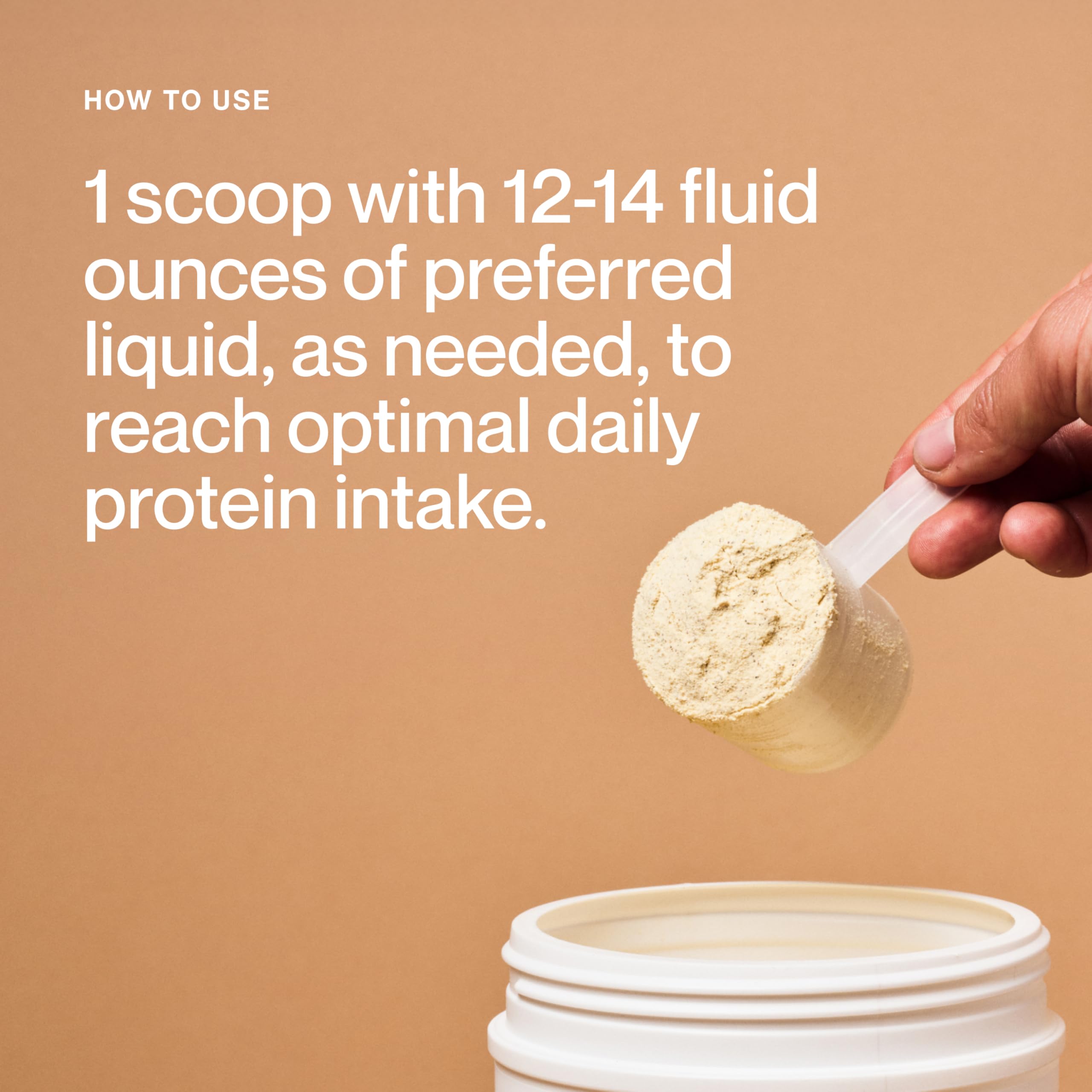 Close-up of Momentous protein powder scoop ready to mix smooth, great-tasting shake.