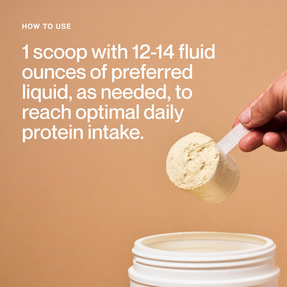Close-up of Momentous protein powder scoop ready to mix smooth, great-tasting shake.
