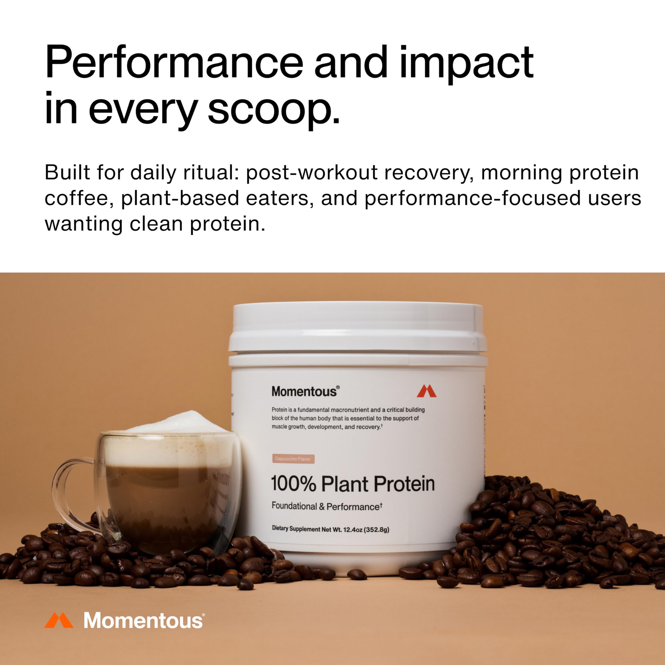 Momentous Cappuccino powder bag showing gluten-free and non-GMO features for safe protein.