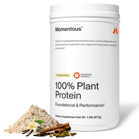 Momentous vegan protein powder Vanilla Spice bottle for everyday plant protein.