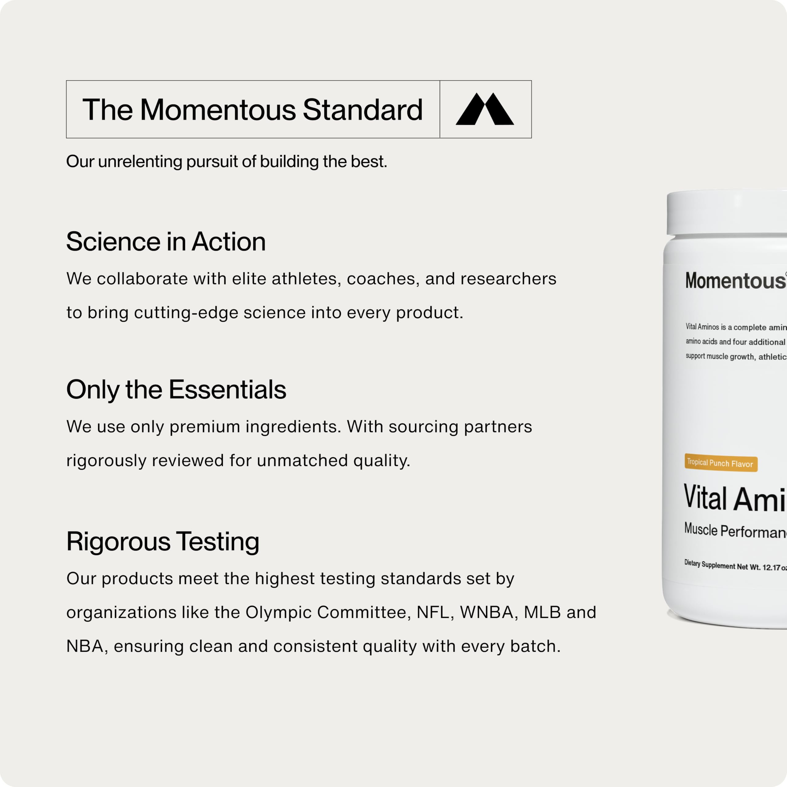 Momentous Vital Aminos packaging shows gluten-free and GMO-free claims.