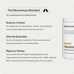 Momentous Vital Aminos packaging shows gluten-free and GMO-free claims.