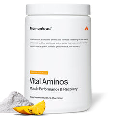 Momentous Vital Aminos Tropical Punch bottle with NSF logo, ideal for sport recovery.