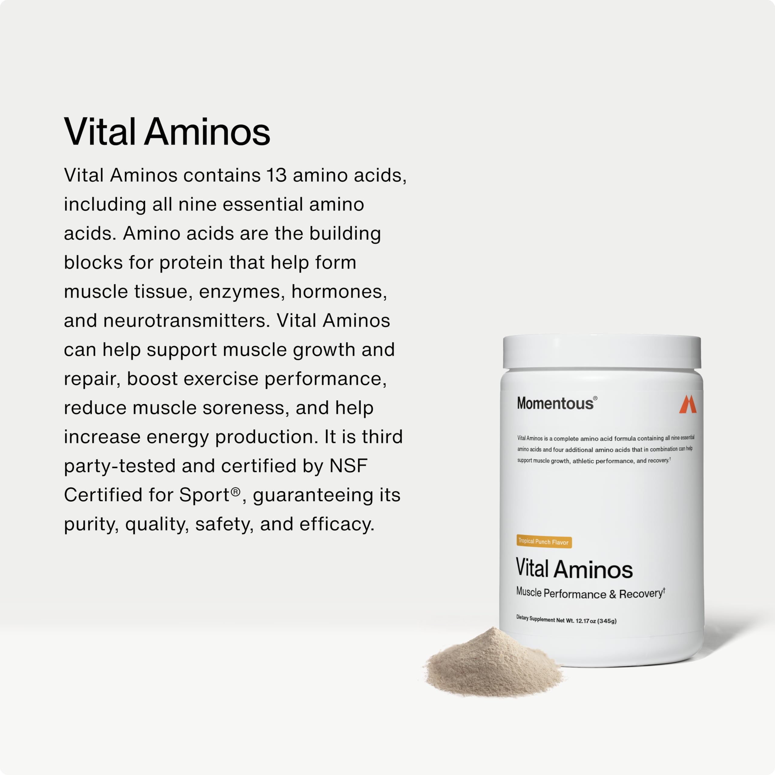 Momentous Vital Aminos scoop in glass dissolves quickly for convenient post-workout fueling.