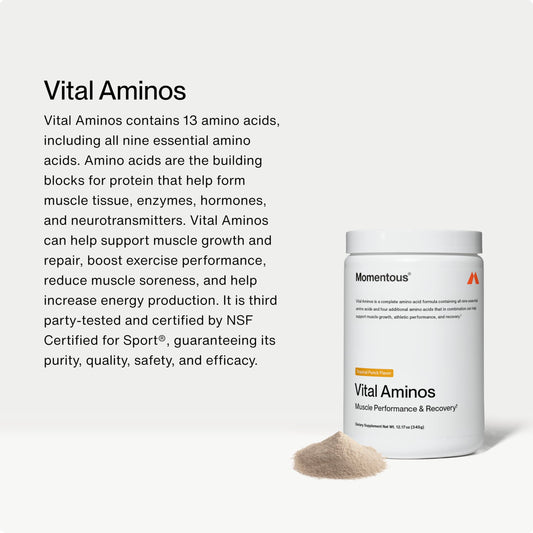 Momentous Vital Aminos scoop in glass dissolves quickly for convenient post-workout fueling.