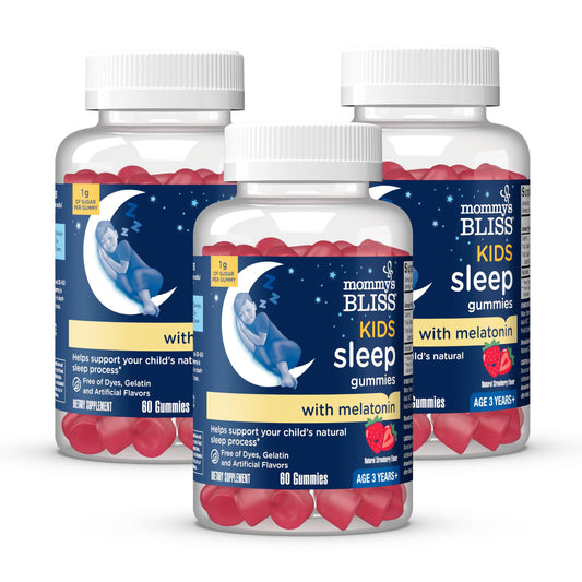 Mommy's Bliss Kids Sleep Gummies jar front shows strawberry flavor for peaceful bedtimes