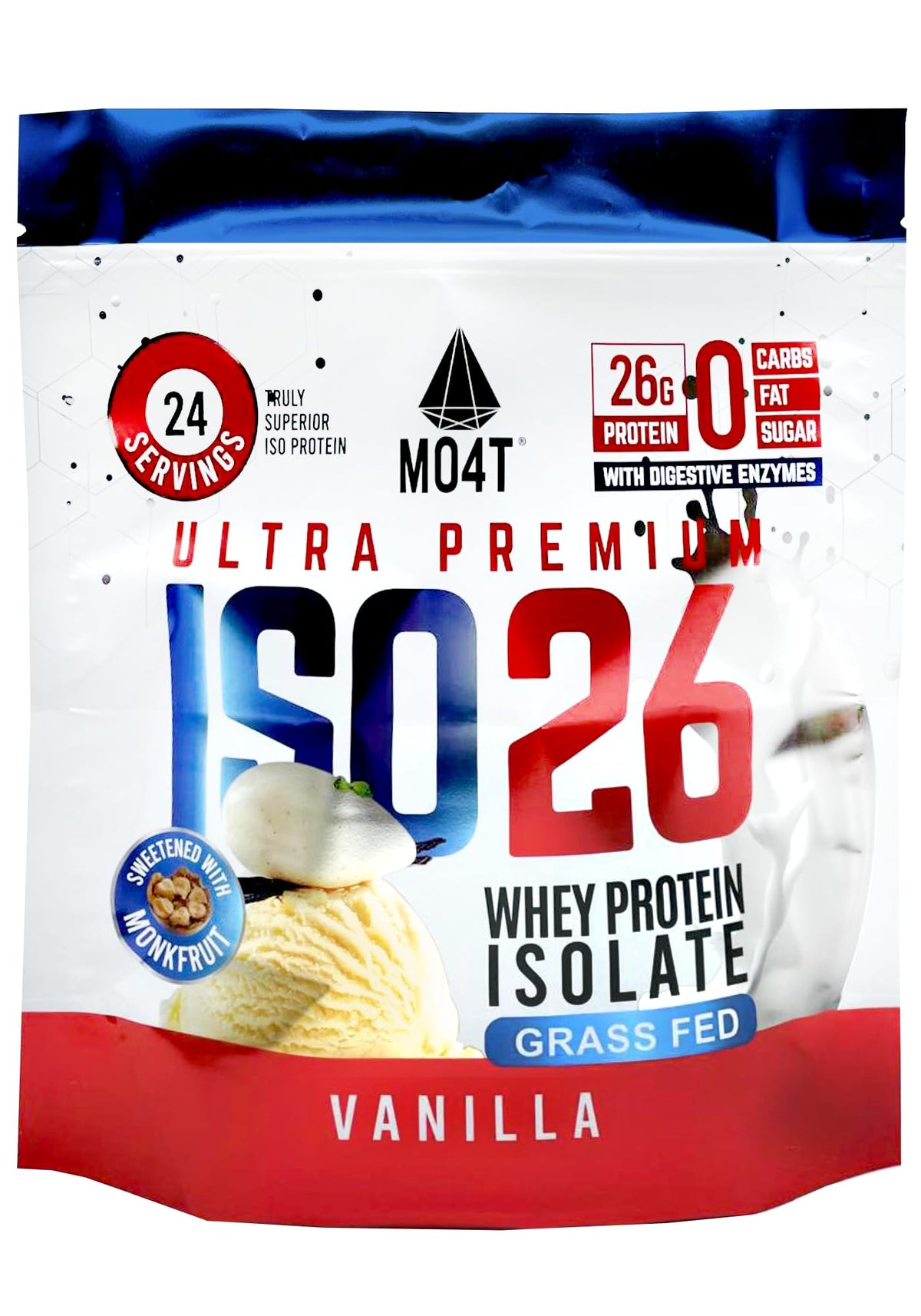 MOMOF4TRANSFORM ISO26 packaging showing grass-fed whey protein for lean muscle support