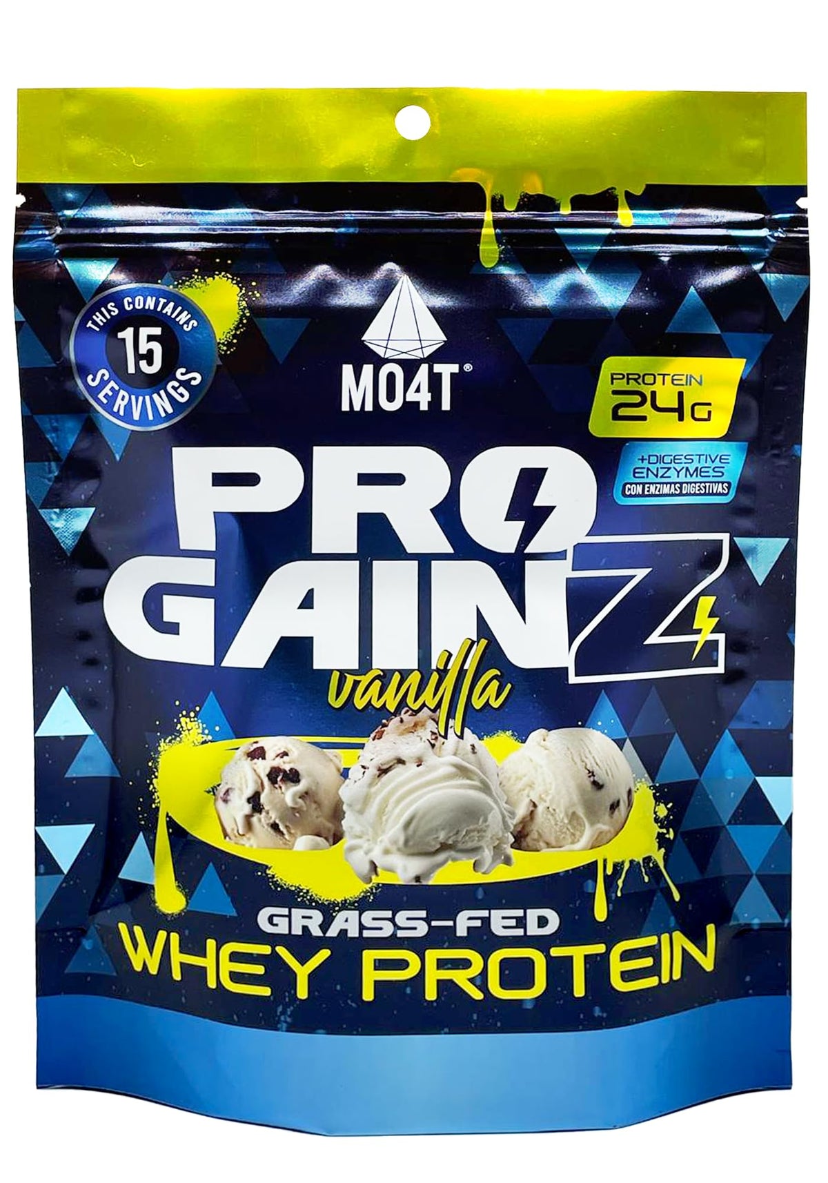 MO4T ProGainz bag packaging shows grass-fed whey for clean muscle support.