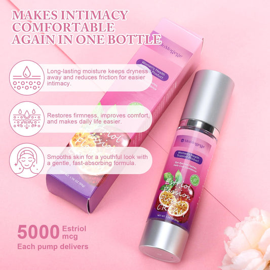 Close-up of MoMogege bioestriol cream tube highlighting lightweight formula.