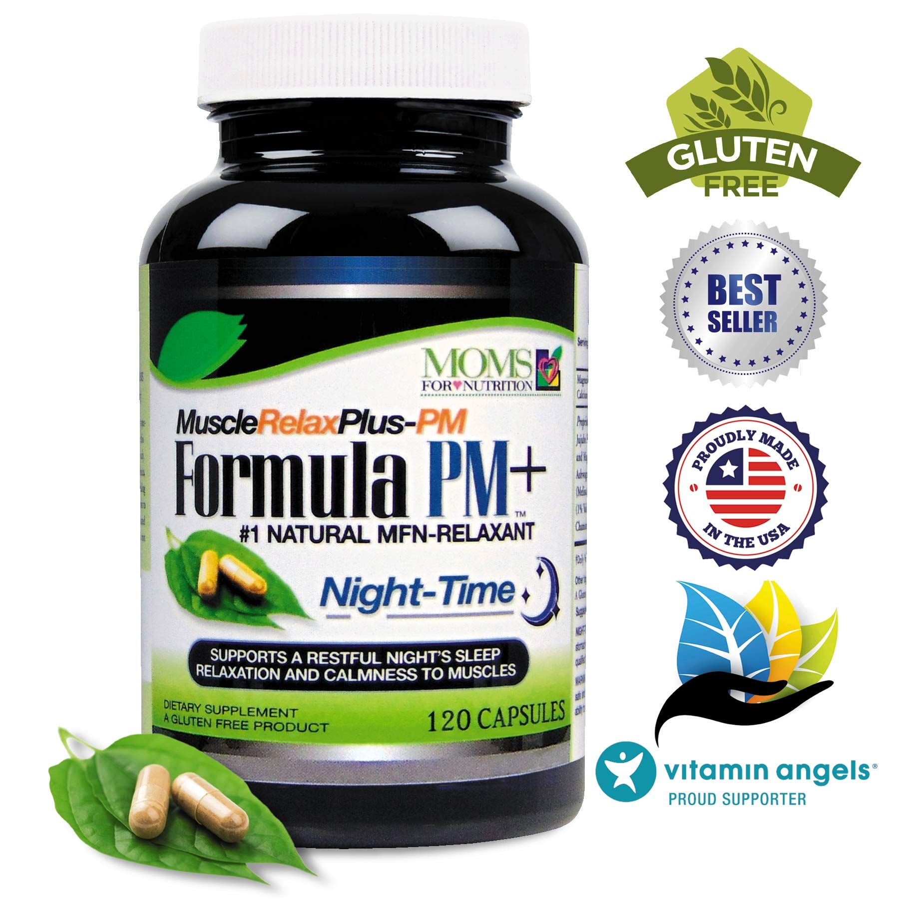 Moms For Nutrition All Natural Muscle Relax PM Plus capsules close-up shows dosage per serving
