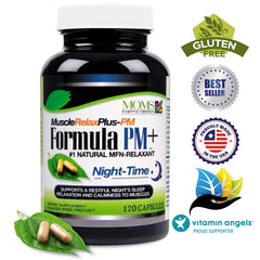 Moms For Nutrition All Natural Muscle Relax PM Plus capsules close-up shows dosage per serving
