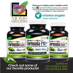 Moms For Nutrition All Natural Muscle Relax PM Plus label detail with natural relaxation notes for night use