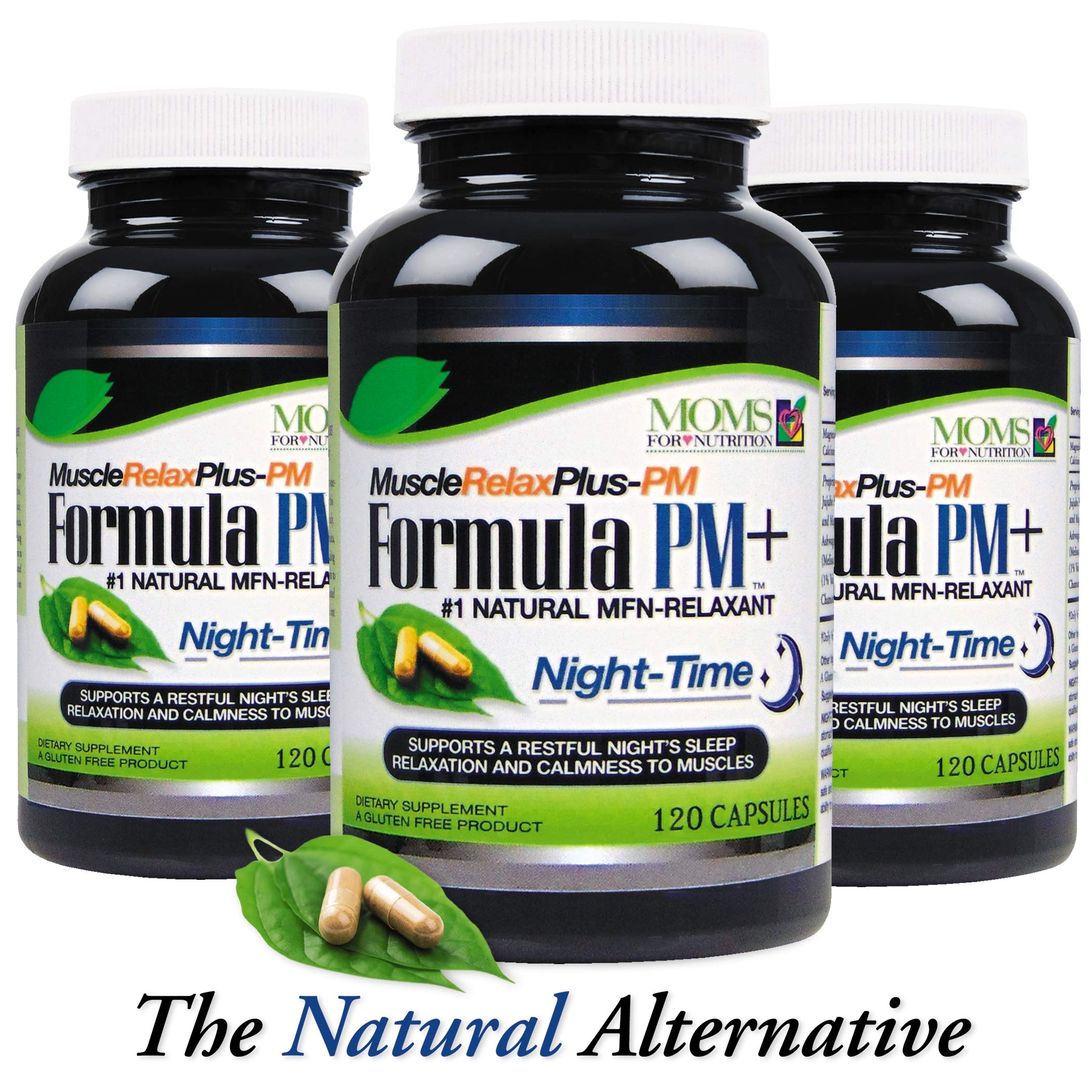 Moms For Nutrition All Natural Muscle Relax PM Plus boxed packaging highlights nightly support