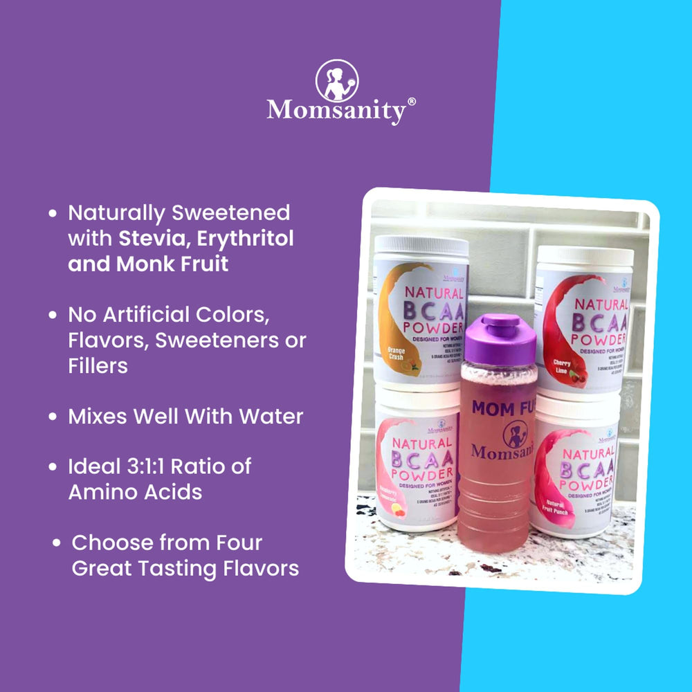 Momsanity BCAA scoop with Raspberry Lemonade powder for quick mix.