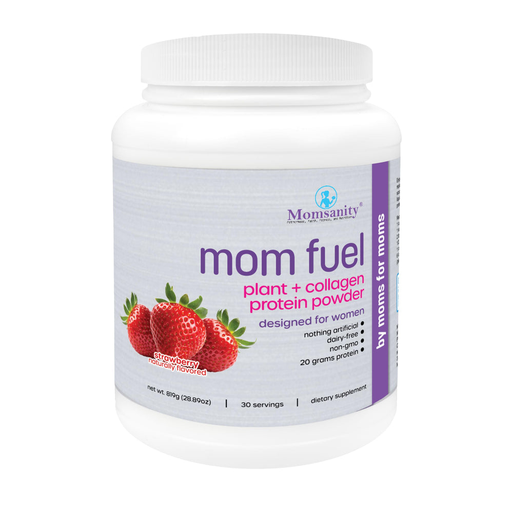 Momsanity MOM FUEL strawberry tub, creamy, dairy-free protein boost for meals.
