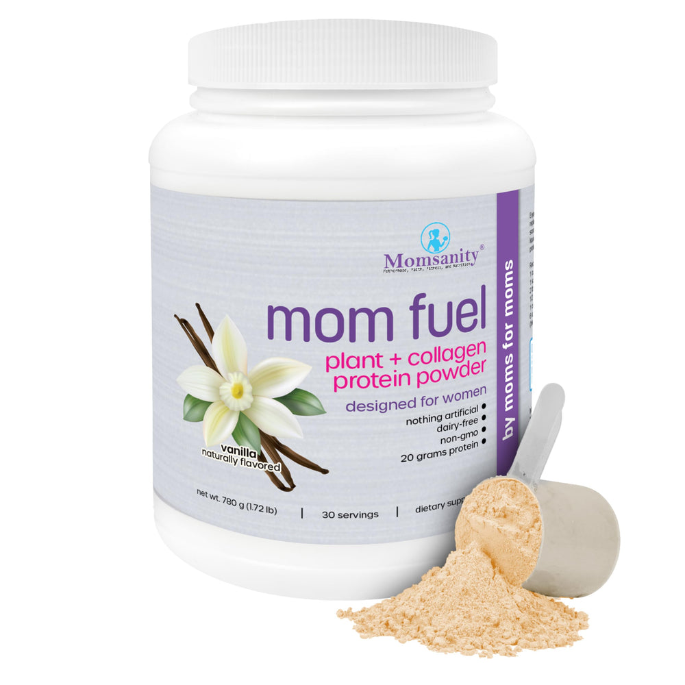 Momsanity vanilla protein mix in a glass showing silky texture for easy blending.