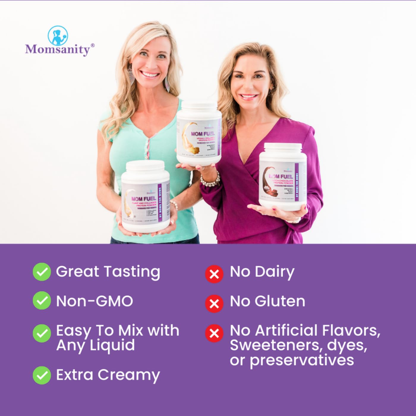 Momsanity vanilla protein scoop beside the canister, ideal for post-workout recovery.