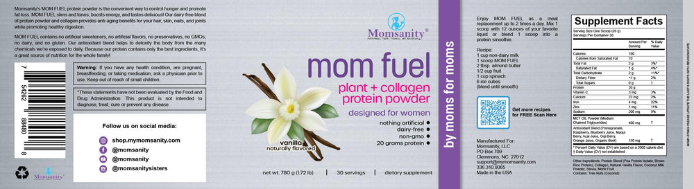 Momsanity vanilla protein serving paired with smoothie or coffee for versatile use.