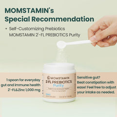 Close-up of MOMSTAMIN 2'-FL HMO powder label highlighting GRAS approval.