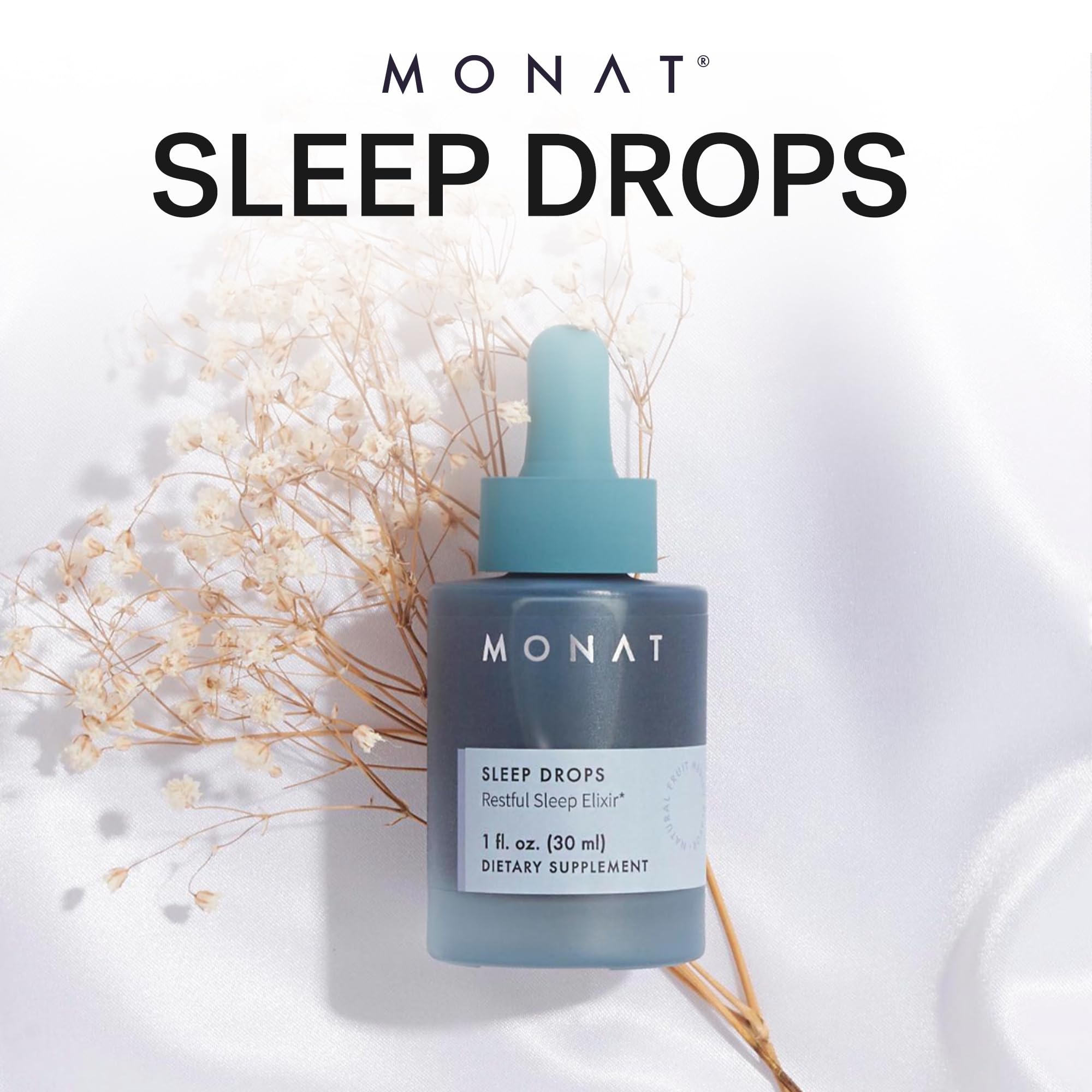 MONAT Sleep Drops bottle closeup shows safe formulation