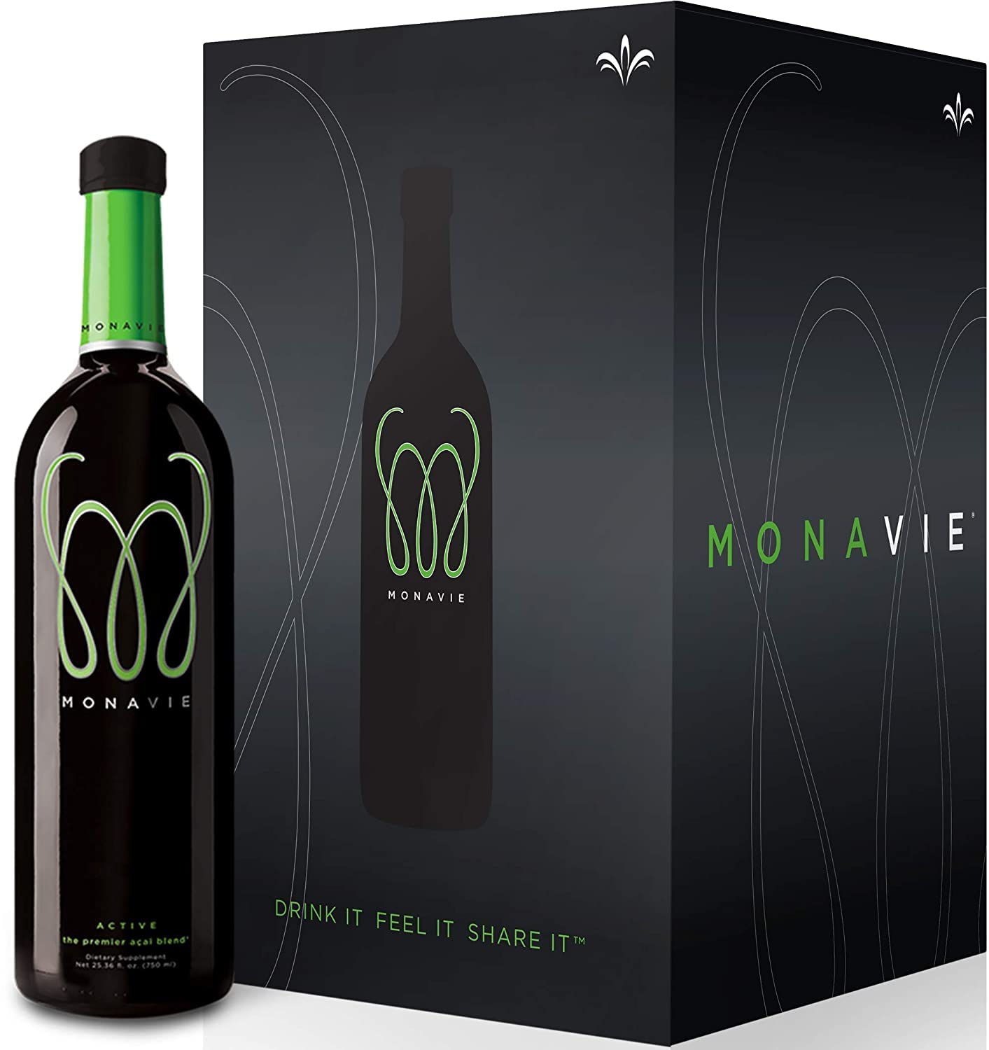 Monavie Active acai fruit blend bottle highlights antioxidant-rich formula for daily wellness.