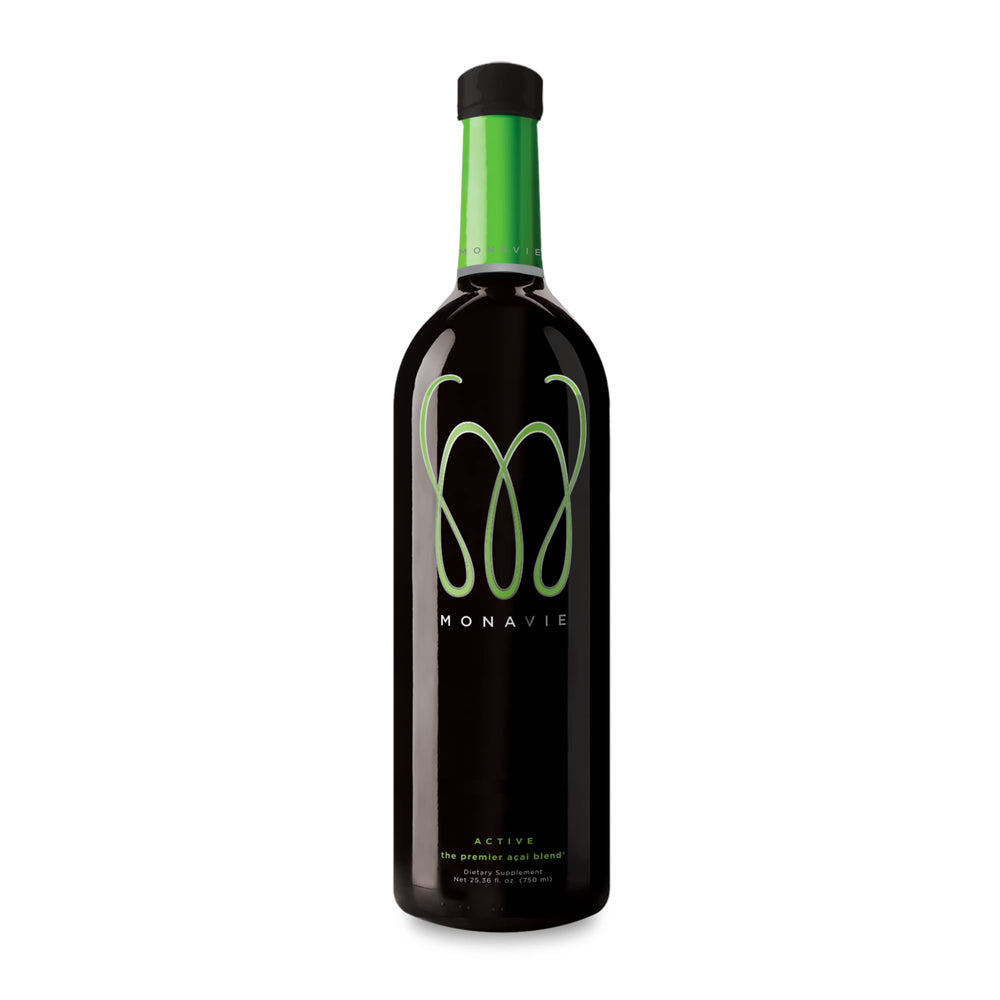 Monavie Active bottle pour shows a vibrant antioxidant blend for daily mobility support