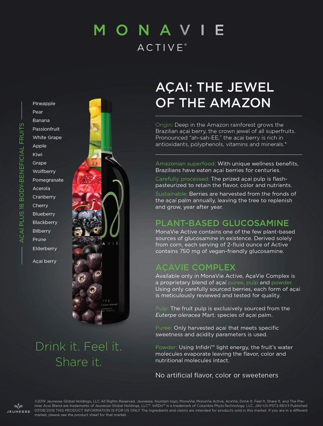 Monavie Active fruit blend visual emphasizes 19-fruit blend ready for a daily boost.