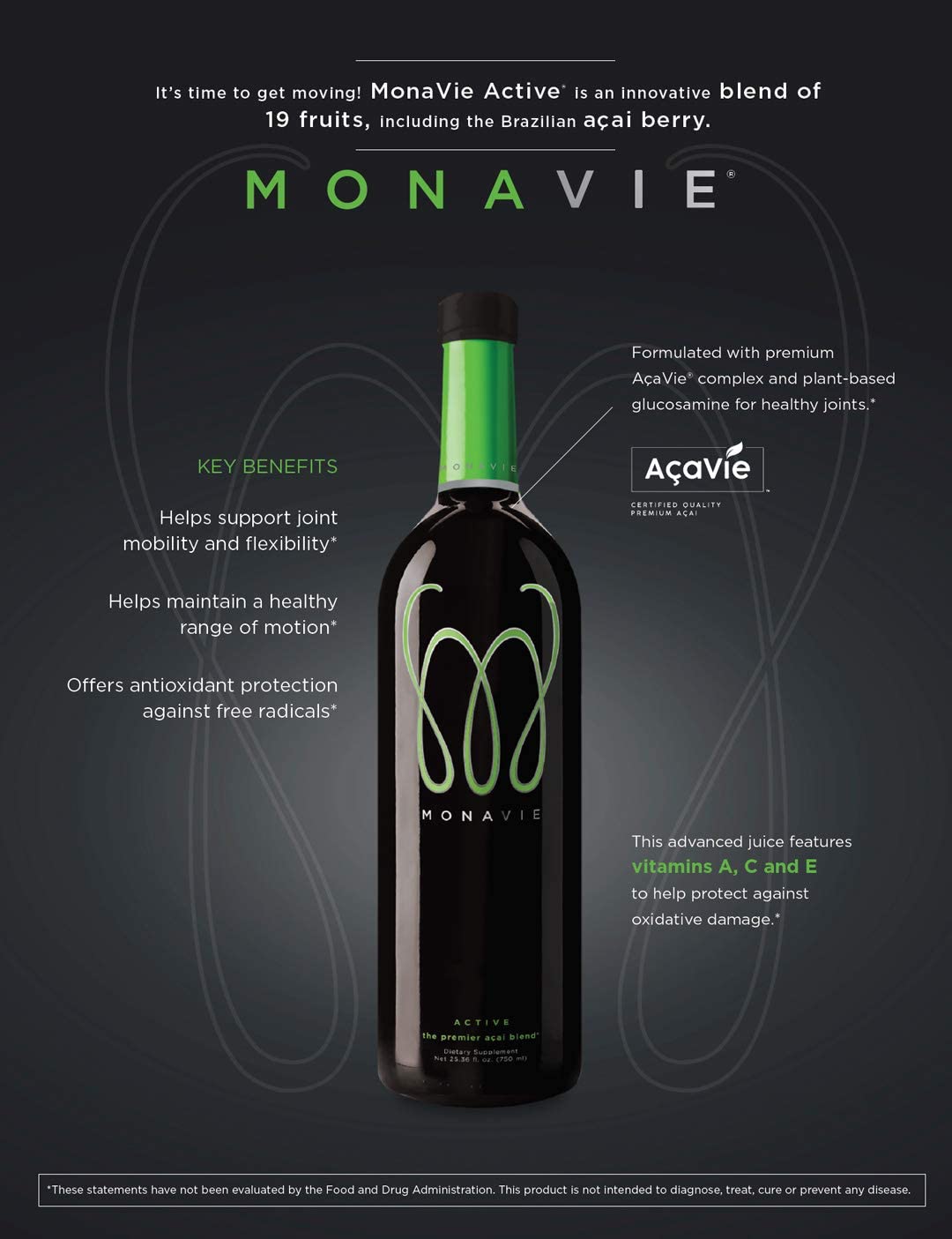 Monavie Active label closeup highlights AçaVie Complex and plant-derived ingredients.