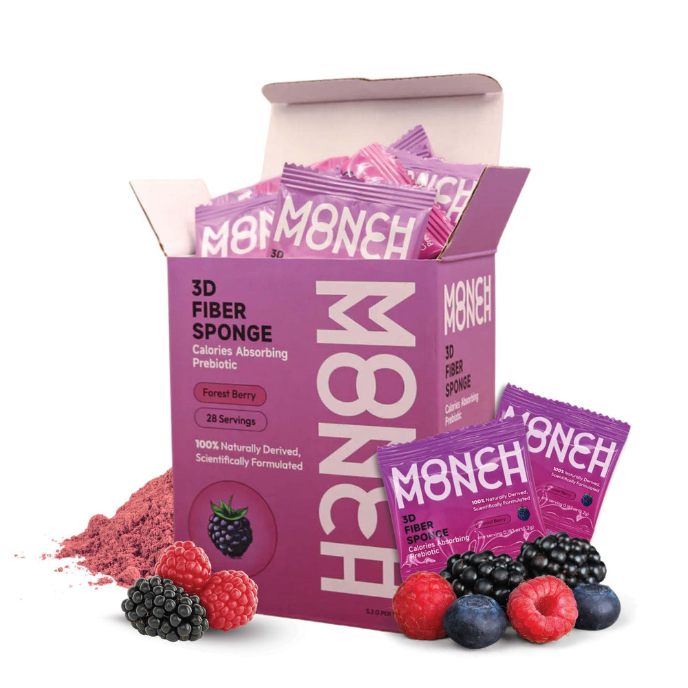 Monch Monch Forest Berry bottle front highlights vegan, sugar-free fiber for gut support.