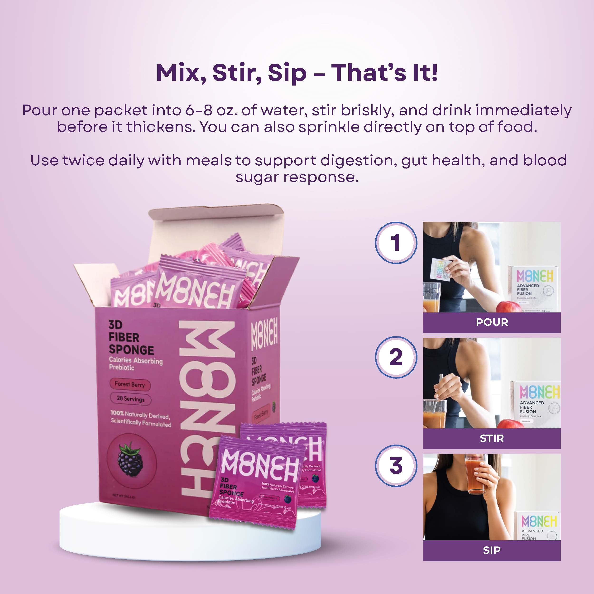 Monch Monch Forest Berry ingredients list highlights konjac gum and prebiotic fiber.