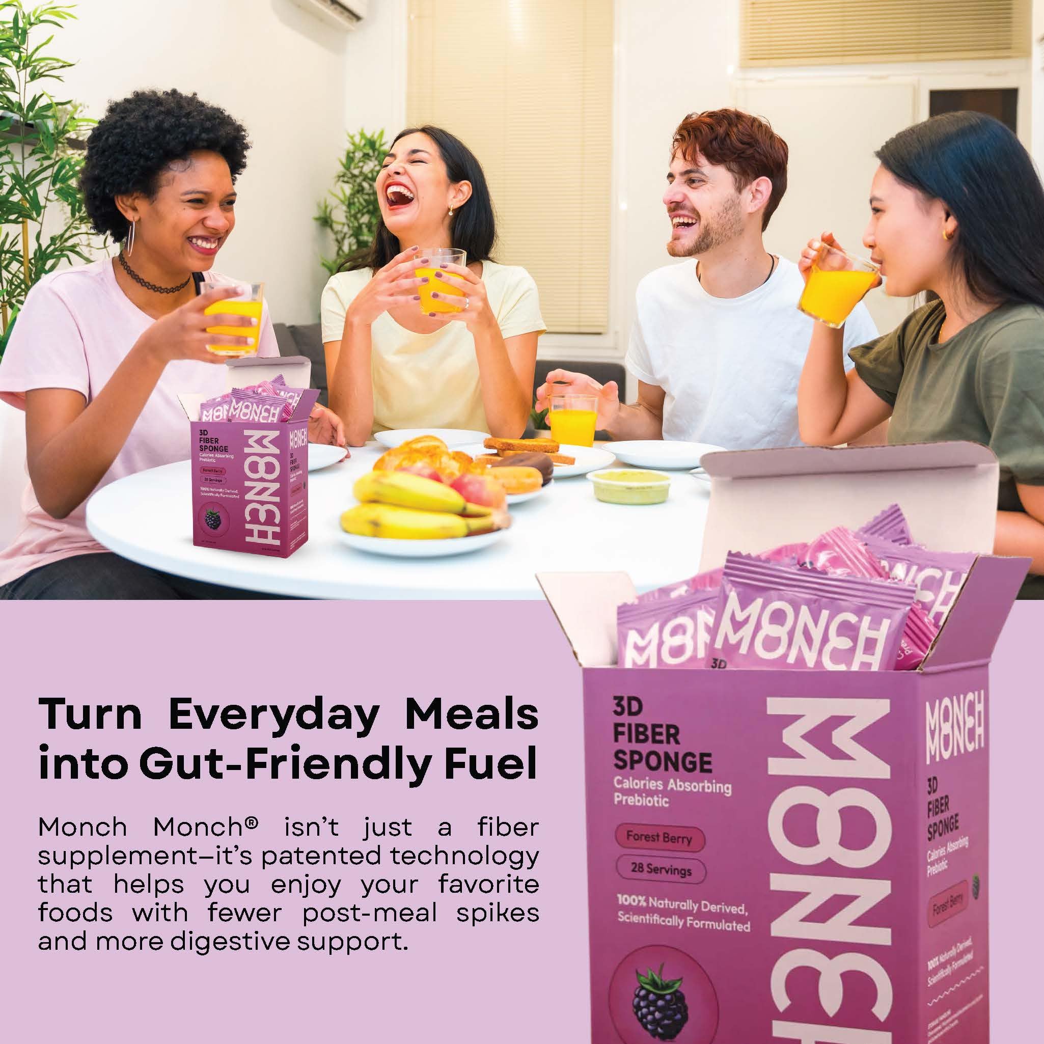 Monch Monch Forest Berry packets packaging emphasizes convenient, sugar-free daily fiber.