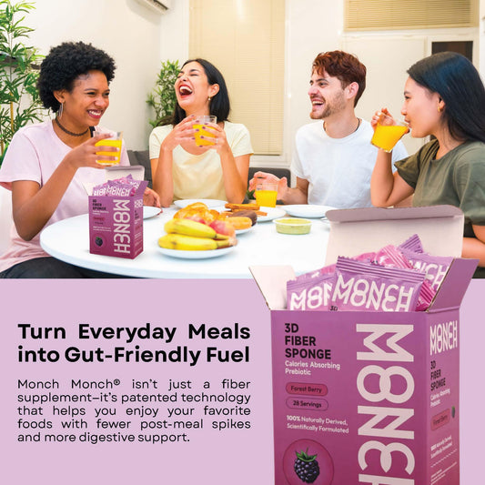 Monch Monch Forest Berry packets packaging emphasizes convenient, sugar-free daily fiber.