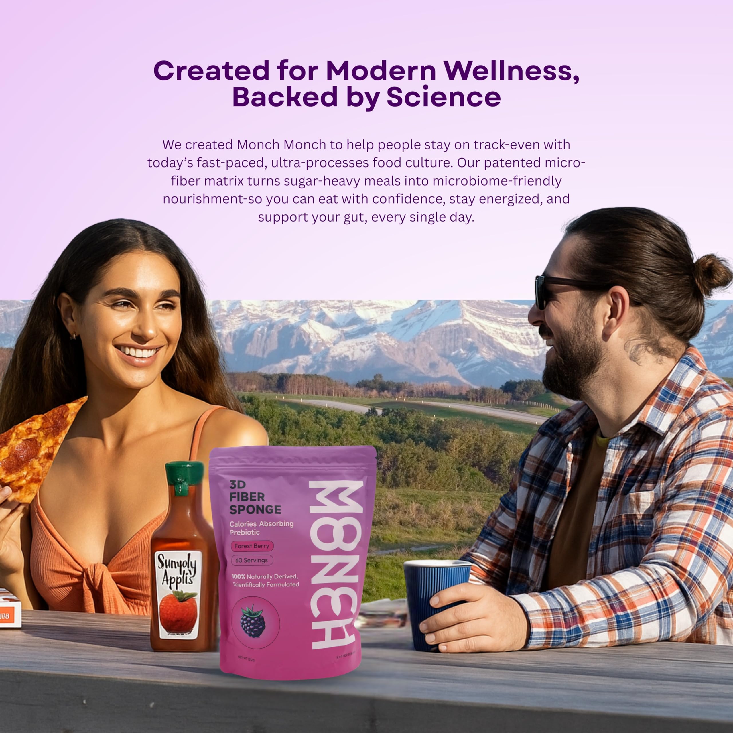 Monch Monch Forest Berry visual emphasizes sugar trapping for balanced energy.