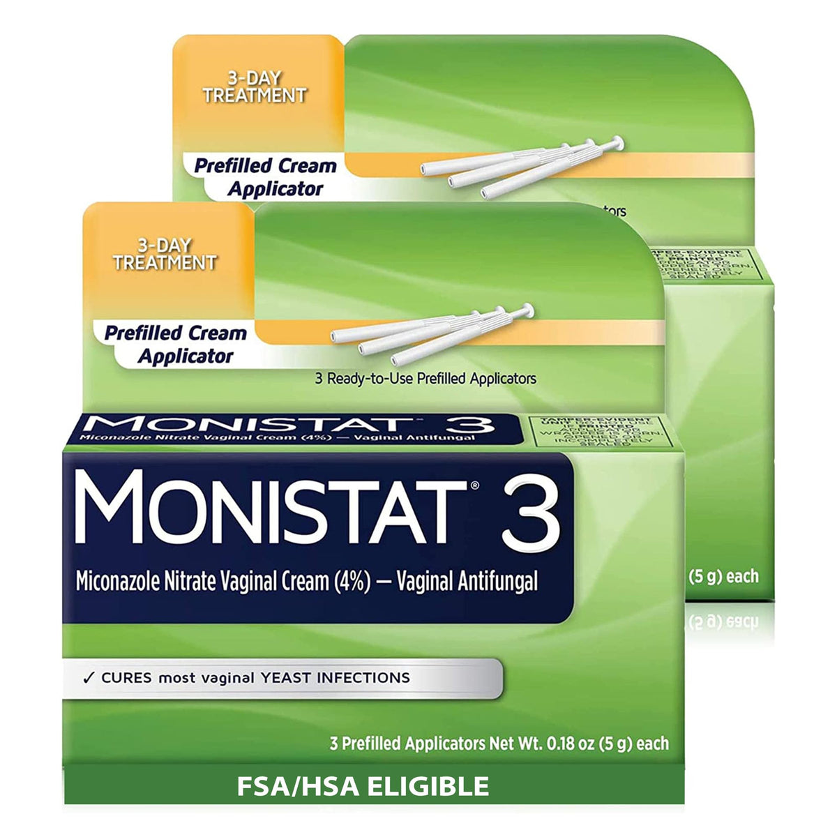 Monistat 3-Day Treatment box showing a ready-to-use at-home relief kit.