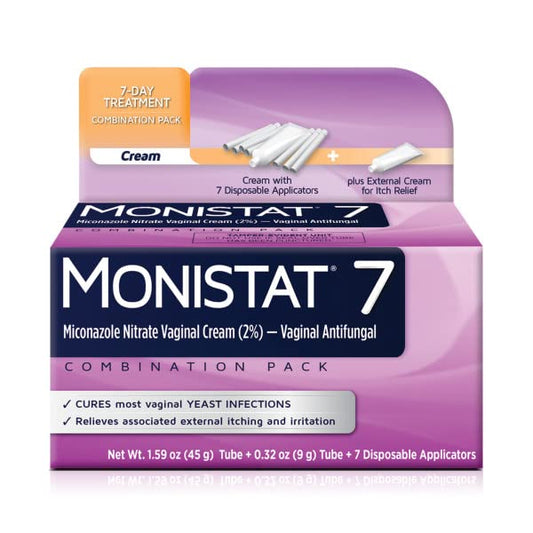 Monistat 7-Day Treatment pack back provides usage guidance for at-home use.