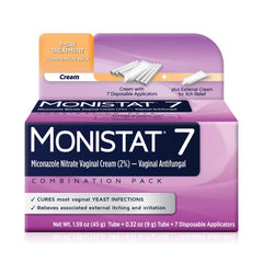 Monistat 7-Day Treatment pack back provides usage guidance for at-home use.