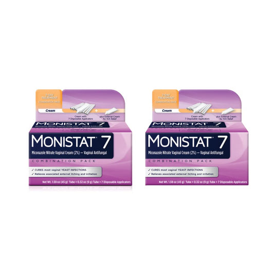 Monistat 7-Day Treatment pack front highlights seven-dose convenience for symptom support.