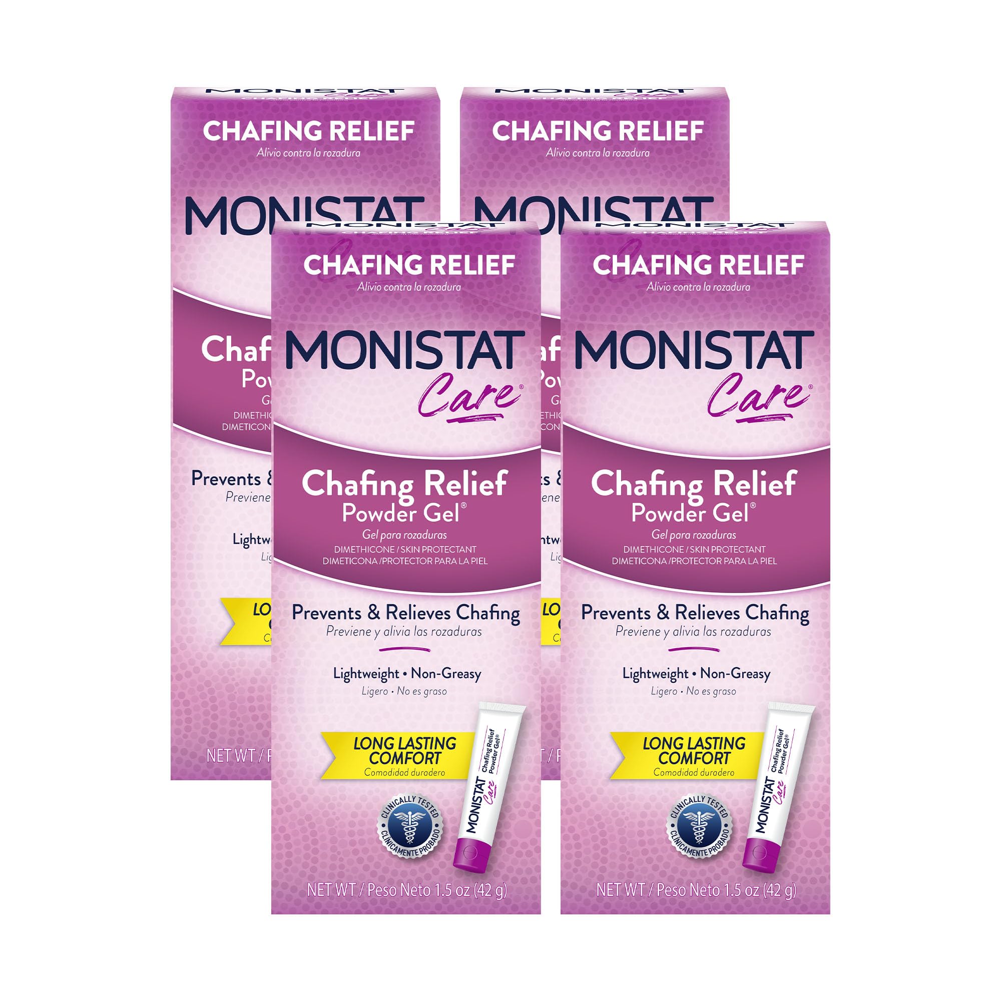 Monistat Chafing Relief Powder Gel tubes ready for quick application against chafing