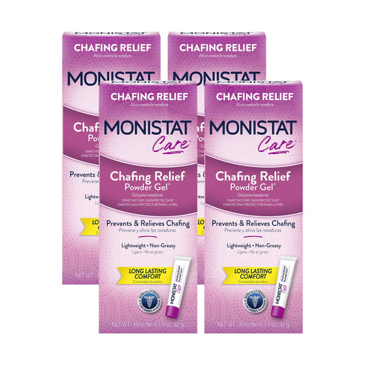 Monistat Chafing Relief Powder Gel tubes ready for quick application against chafing