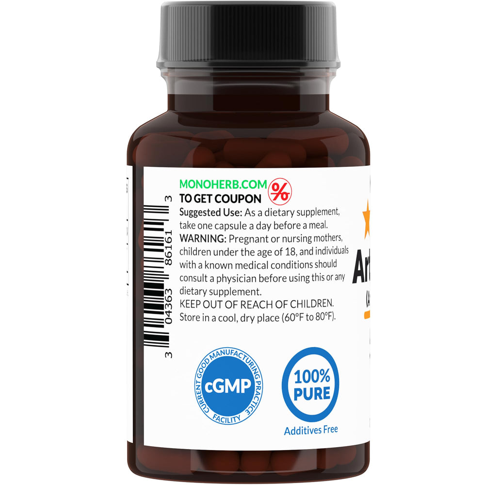 MONOHERB Artemisinin bottle label detail highlighting 500 mg per capsule and natural sourcing.